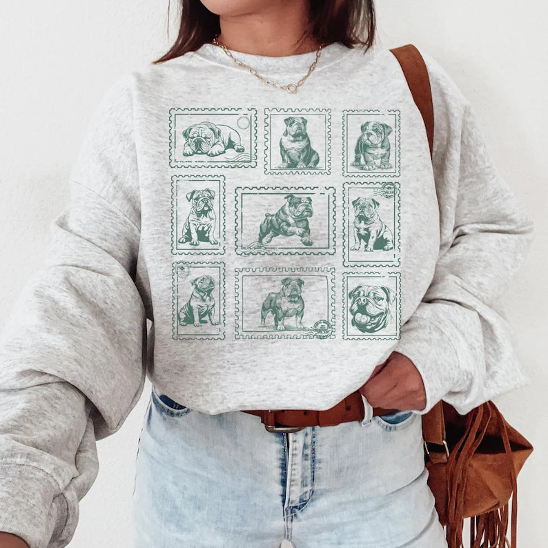 English Bulldog Vintage Stamp Sweatshirt - Retro Bulldog Crewneck With Custom Pet Option - Gift For Dog Moms