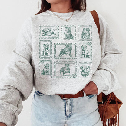English Bulldog Vintage Stamp Sweatshirt - Retro Bulldog Crewneck With Custom Pet Option - Gift For Dog Moms