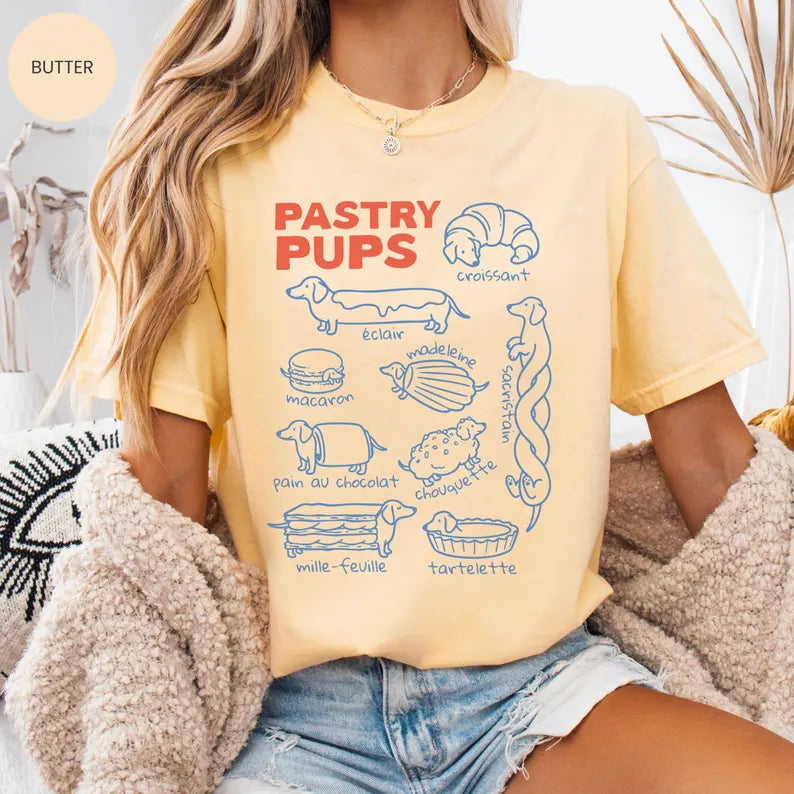 Comfort Colors® Pastry Pups tee, Funny Dachshund Shirt, Daschund t-shirts, French Baking Sweatshirt, Foodie gift for weiner dog mom