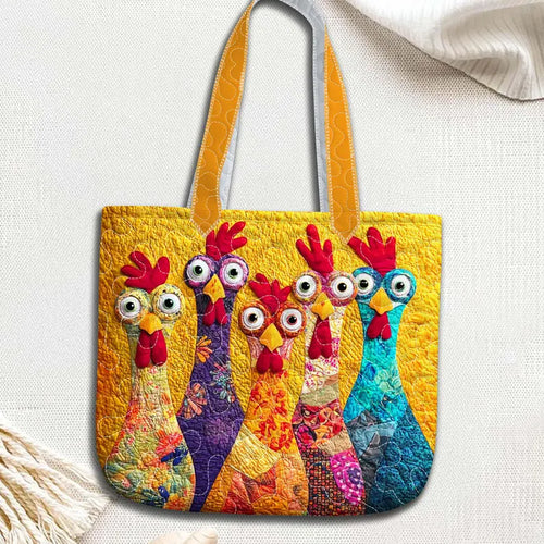 Chicken Quilt Tote Bag, Colorful Printed Patchwork Chicken Purse, Quilted Farm Bag