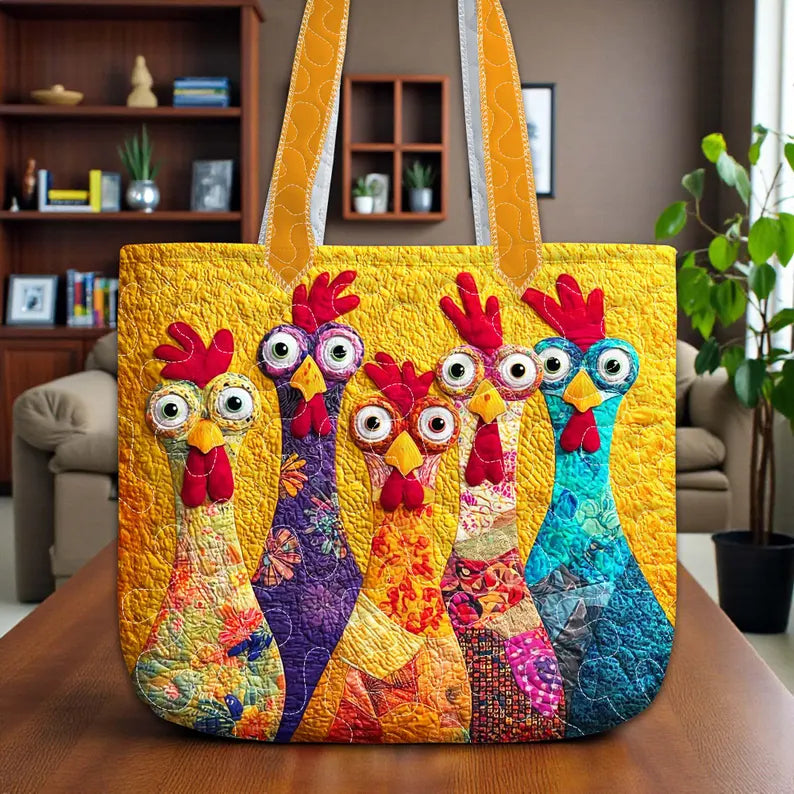 Chicken Quilt Tote Bag, Colorful Printed Patchwork Chicken Purse, Quilted Farm Bag
