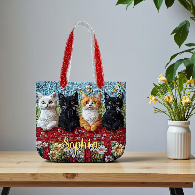 Cat Art Quilt Tote Bag, Quilt Tote Bag Gift for Cat Mom, Animal Lovers Gift, Bags Gift For Cat Lover, Pet Lover Gift, Cat Lover Gift For Her