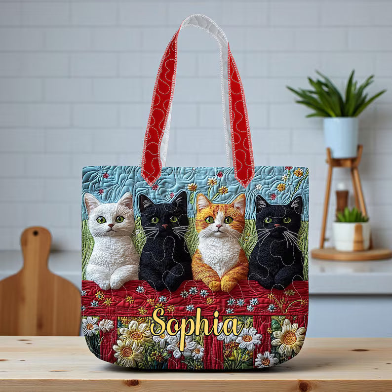 Cat Art Quilt Tote Bag, Quilt Tote Bag Gift for Cat Mom, Animal Lovers Gift, Bags Gift For Cat Lover, Pet Lover Gift, Cat Lover Gift For Her