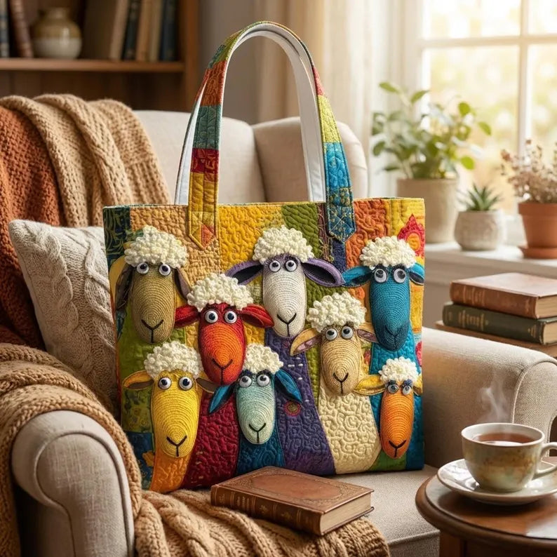 Personalized Colorful Sheep Quilted Tote Bag – Farm Sheep Fabric Tote, Animal Lover Gift