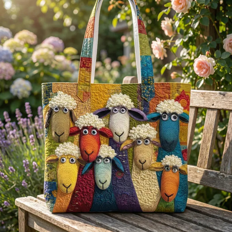 Personalized Colorful Sheep Quilted Tote Bag – Farm Sheep Fabric Tote, Animal Lover Gift