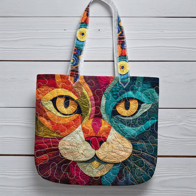 Colorful Quilted Cat Tote Bag, Artistic Cat Lover Gift, Patchwork Style Shoulder Bag, Cat Face Handbag, Unique Pet Lover Tote