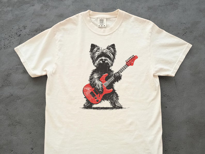 Yorkie Rock T-Shirt: Vintage Guitar Yorkshire Terrier Tee, Funny Music Lover Gift for Dog Parents