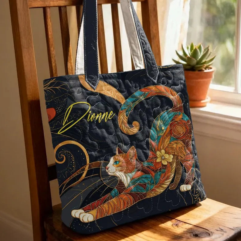 Personalized Cat Tote Bag, Quilted Cat Bag, Custom Name Gift for Cat Lovers, Colorful Cat Art Bag, Pet Lover Tote