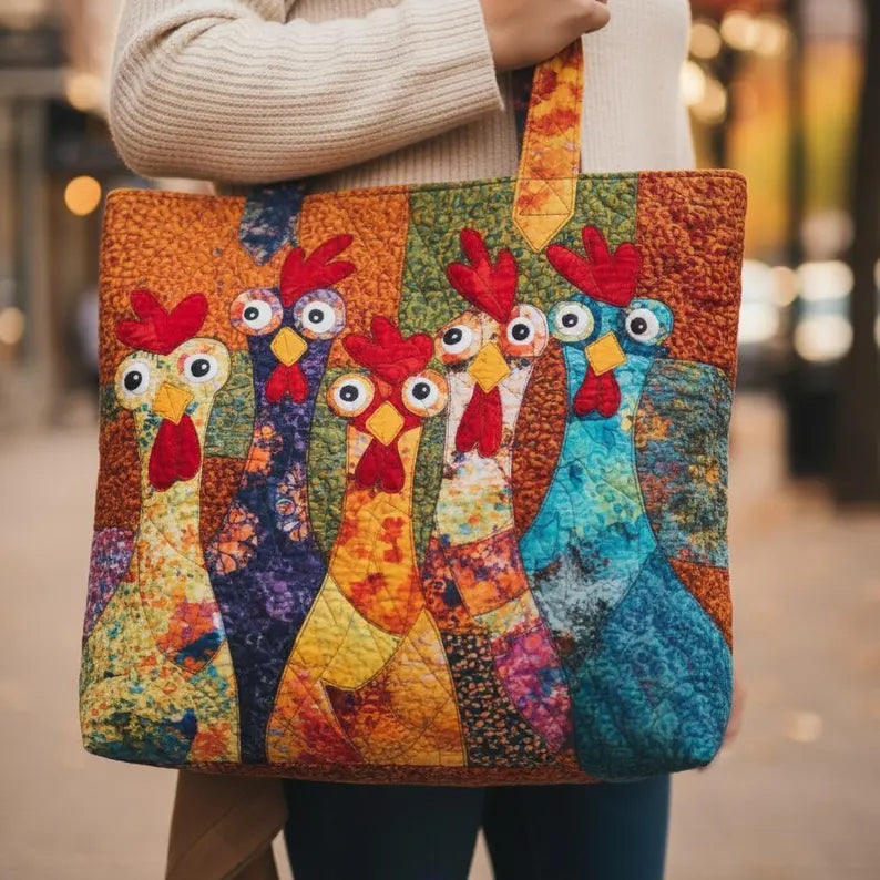 Chicken Quilt Tote Bag, Colorful Patchwork Chicken Purse, Quilted Farmhouse Tote