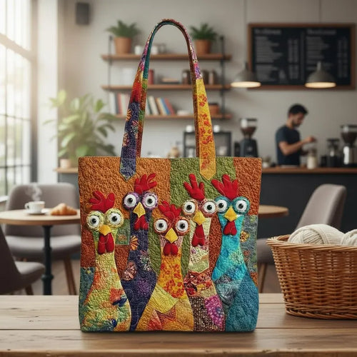 Chicken Quilt Tote Bag, Colorful Patchwork Chicken Purse, Quilted Farmhouse Tote