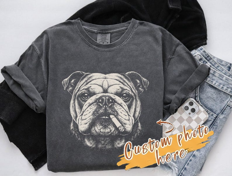 Smoking Bulldog Shirt - Vintage Engraved Dog Face Graphic Tee With Custom Pet Option - Gift For Dog Lovers