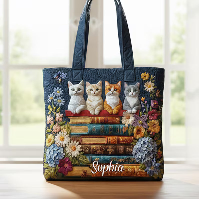 Cat Lover Quilted Tote Bag, Quilted Tote for Cat Lover, Tote for Cat Moms, Cat Quilt Tote Bag, Cat Mom Gift, Animal Lover Gift,2D printed