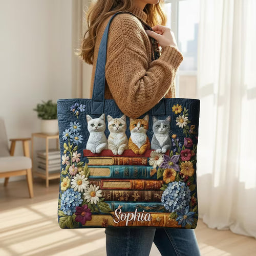 Cat Lover Quilted Tote Bag, Quilted Tote for Cat Lover, Tote for Cat Moms, Cat Quilt Tote Bag, Cat Mom Gift, Animal Lover Gift,2D printed