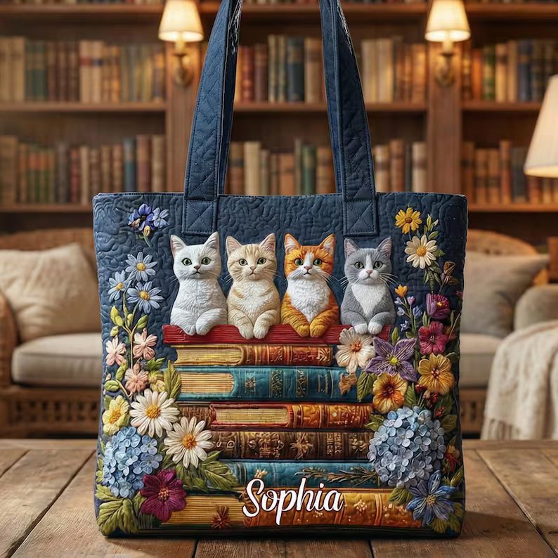 Cat Lover Quilted Tote Bag, Quilted Tote for Cat Lover, Tote for Cat Moms, Cat Quilt Tote Bag, Cat Mom Gift, Animal Lover Gift,2D printed