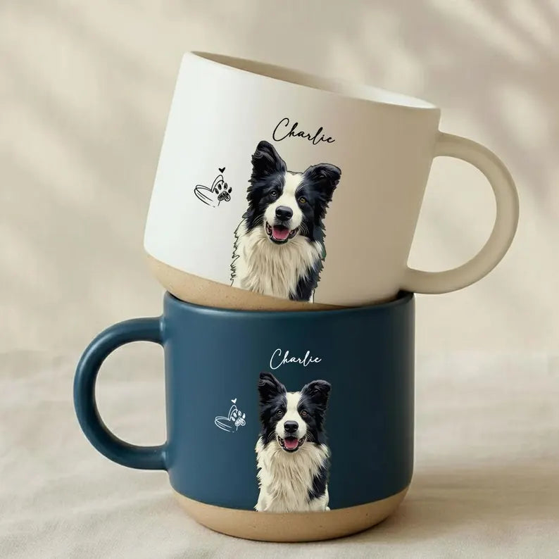 Personalised Watercolor Photo Pet Pottery Mug, Custom Pet Portrait Coffee Cup Gift For Cat Dog Lovers, Dog Memorial Gifts, Cat Mugs