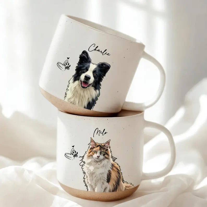 Painted Pet Portrait Pottery Mug From Photo - Personalized Dog & Cat Coffee Mug With Name - Dog Memorial Gift