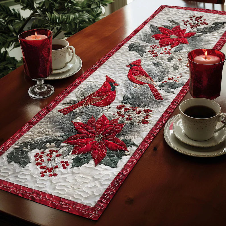 Red Cardinal Quilted Christmas Table Runner, Red Christmas Table Runner, Cardinal Decor