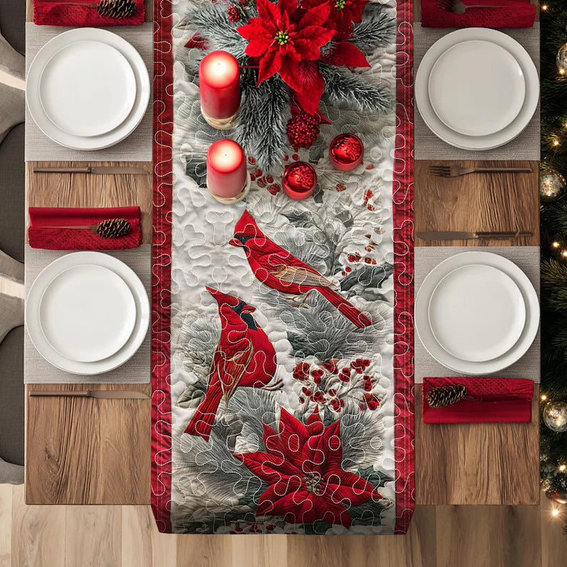 Red Cardinal Quilted Christmas Table Runner, Red Christmas Table Runner, Cardinal Decor
