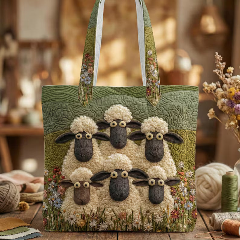 Sheep Quilted Tote Bag – Cute Farm Animal Tote, Padded Fabric Shoulder Bag