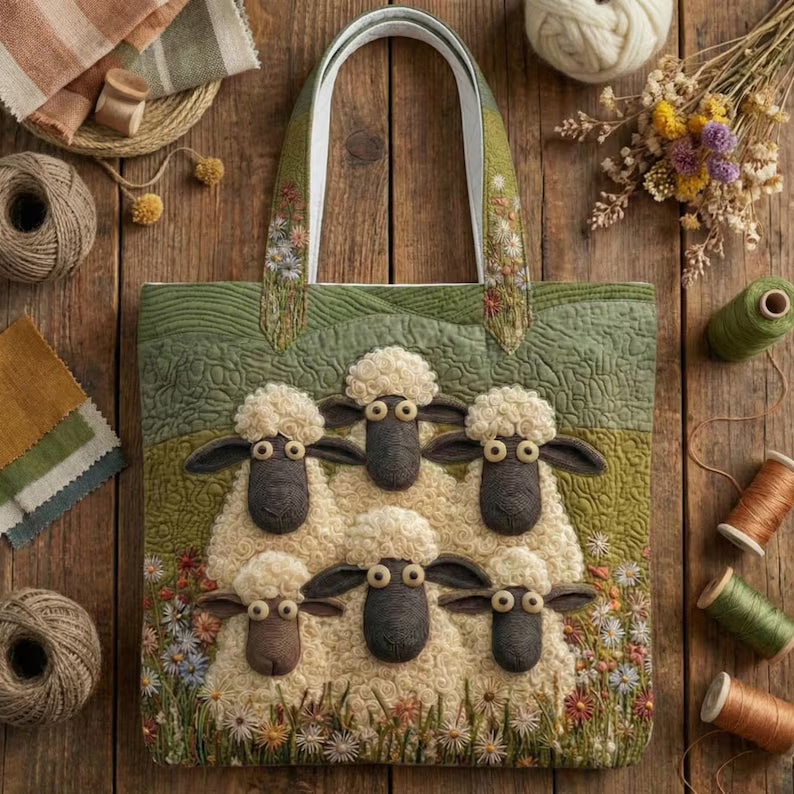 Sheep Quilted Tote Bag – Cute Farm Animal Tote, Padded Fabric Shoulder Bag