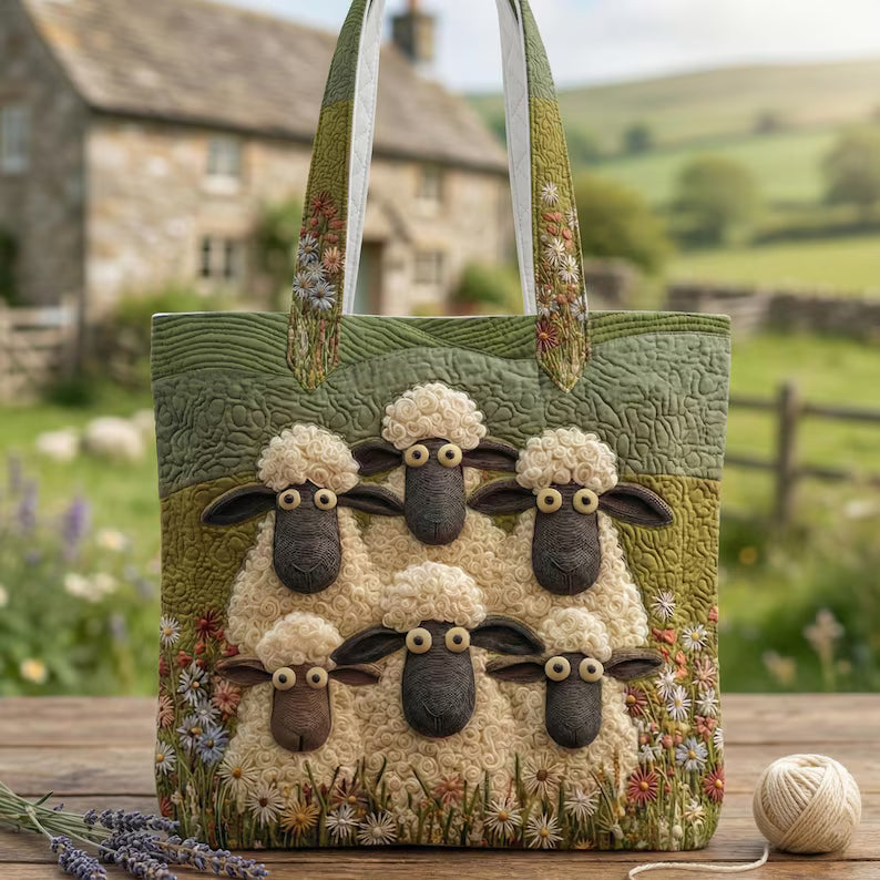 Sheep Quilted Tote Bag – Cute Farm Animal Tote, Padded Fabric Shoulder Bag