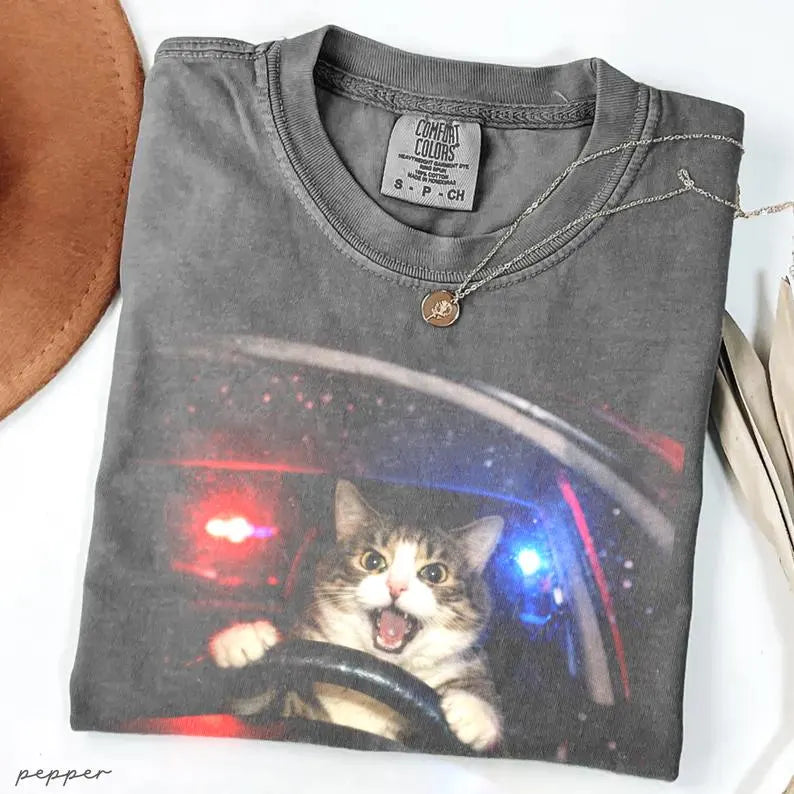 Funny Cat T-Shirt - Vintage Cat Memes Graphic Tee, Retro Unhinged Comfort Colors Oversized Shirt