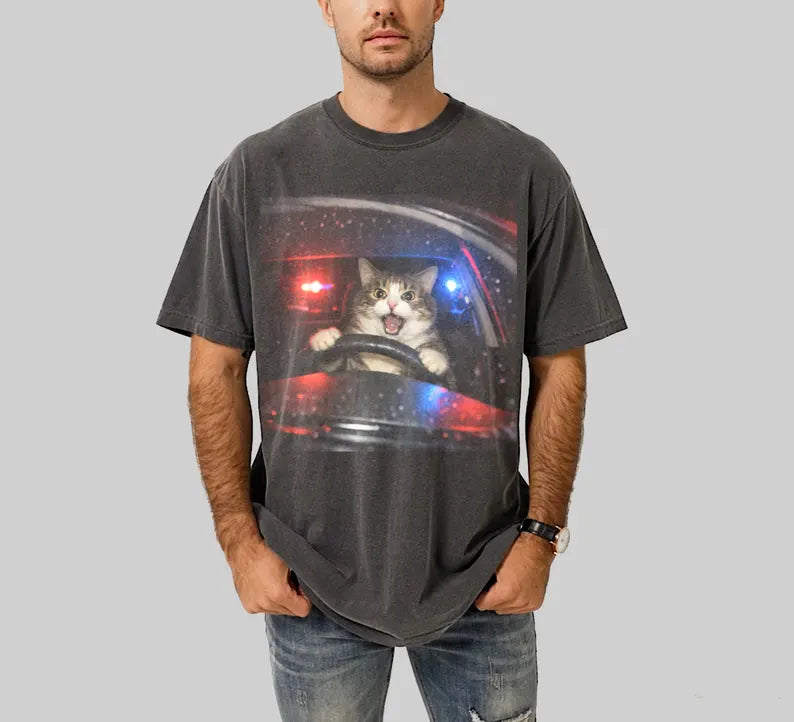 Funny Cat T-Shirt - Vintage Cat Memes Graphic Tee, Retro Unhinged Comfort Colors Oversized Shirt