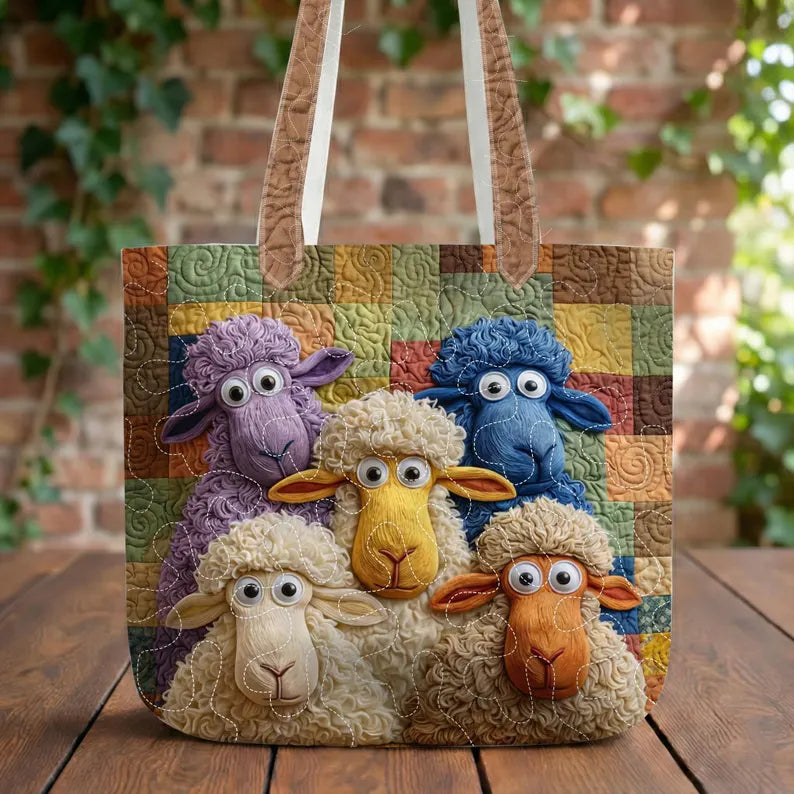 Whimsical Sheep Quilted Tote Bag – Cute Farm Animal Tote, Padded Fabric Shoulder Bag