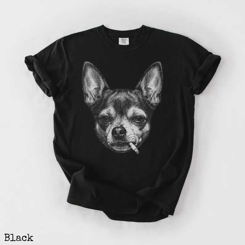 Smoking Chihuahua Shirt, Vintage Grunge Dog Graphic Tee, Funny Dog Face Shirt