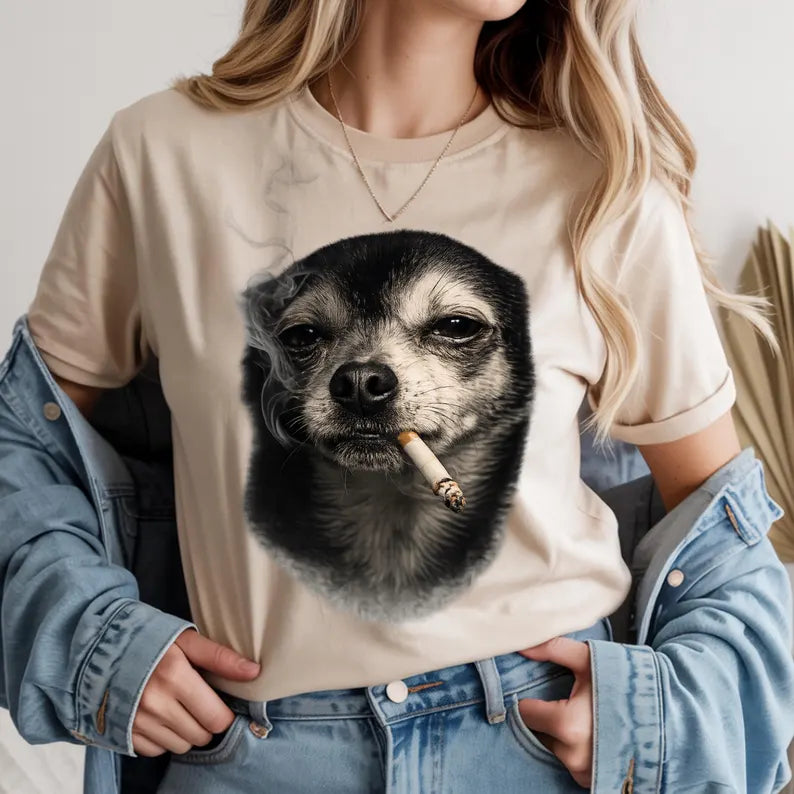 Smoking Chihuahua Shirt, Vintage Y2K Grunge Dog Graphic Tee, Funny Dog Face Shirt, Gift for Dog Lovers