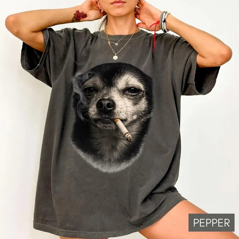 Smoking Chihuahua Shirt, Vintage Y2K Grunge Dog Graphic Tee, Funny Dog Face Shirt, Gift for Dog Lovers