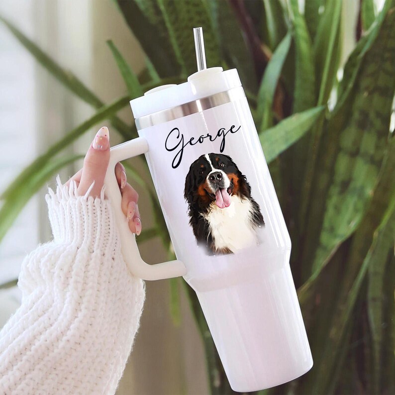 Custom Pet Photo Tumbler With Script Name - Personalized 40 oz Dog or Cat Cup With Handle - Pet Parent Gift