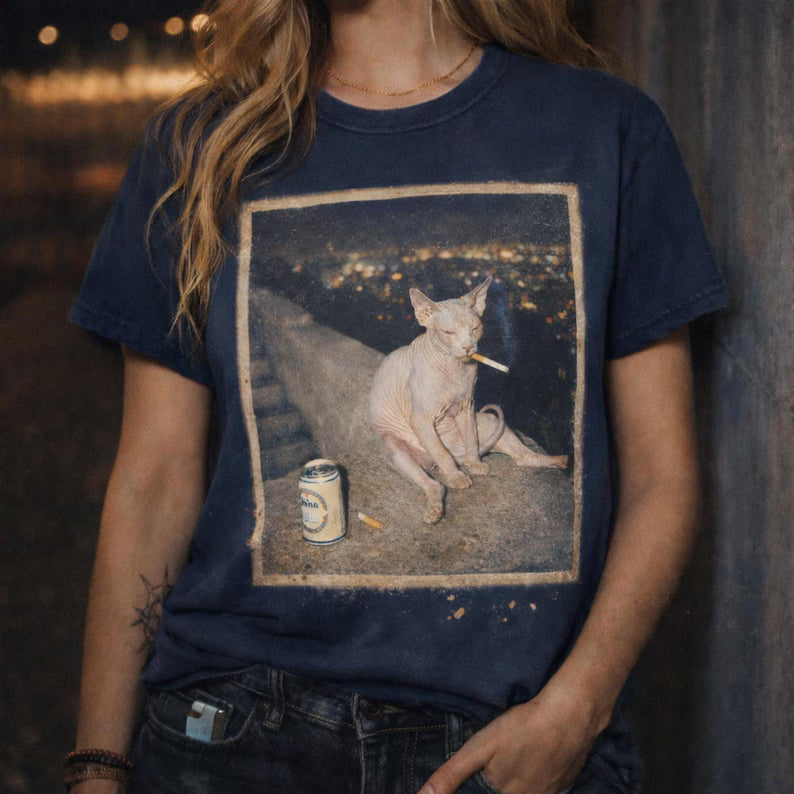 Funny Sphynx Cat Sm*king Meme Shirt, Soft Cotton Unisex Streetwear Aesthetic, Vintage Grunge Meme Graphic Tee