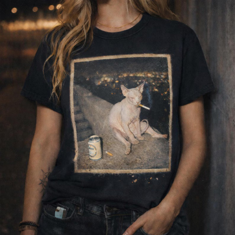 Funny Sphynx Cat Sm*king Meme Shirt, Soft Cotton Unisex Streetwear Aesthetic, Vintage Grunge Meme Graphic Tee