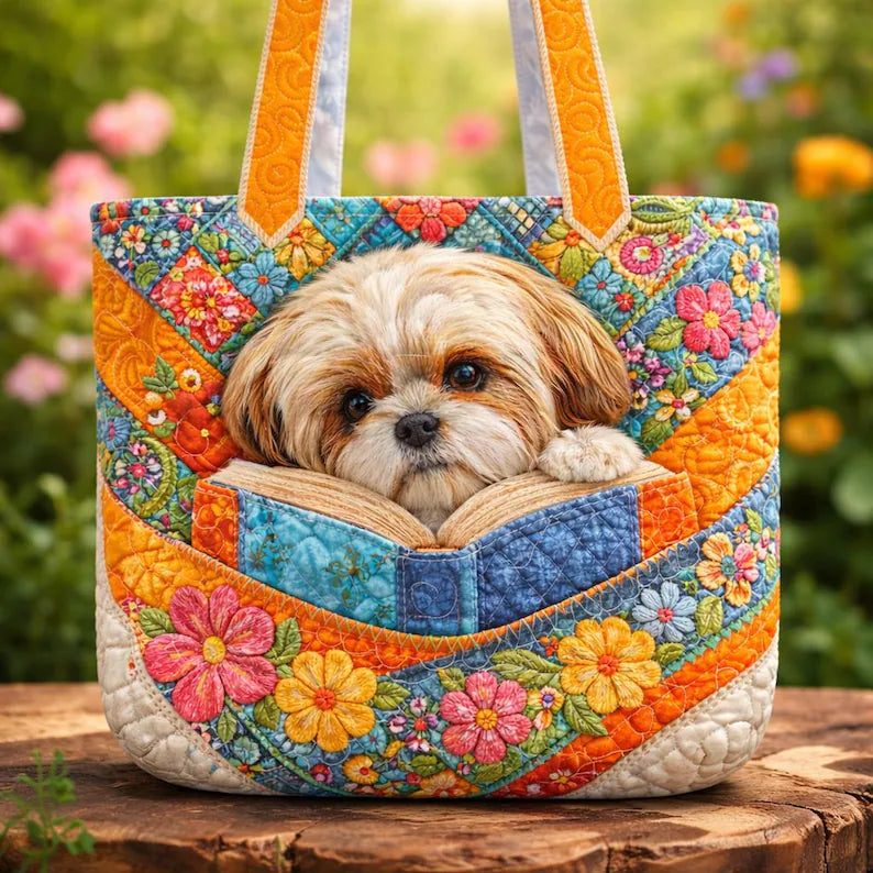 Cute Puppy Reading Book Quilt Tote Bag, Printed Quilt Tote for Dog Lovers, Pet Memorial Gift for Dog Owner, Dog Mom Gift, Book Lover Gift