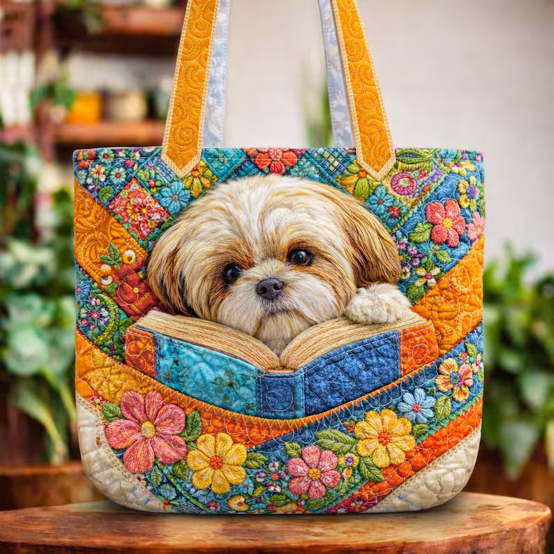 Cute Puppy Reading Book Quilt Tote Bag, Printed Quilt Tote for Dog Lovers, Pet Memorial Gift for Dog Owner, Dog Mom Gift, Book Lover Gift