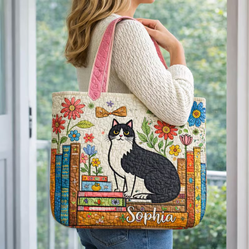 Personalized Cat Quilted Tote Bag, Floral Cottagecore Book Lover Gift
