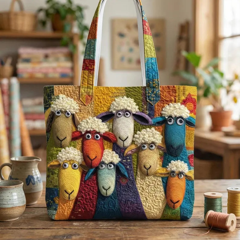 Personalized Colorful Sheep Quilted Tote Bag – Farm Sheep Fabric Tote, Animal Lover Gift