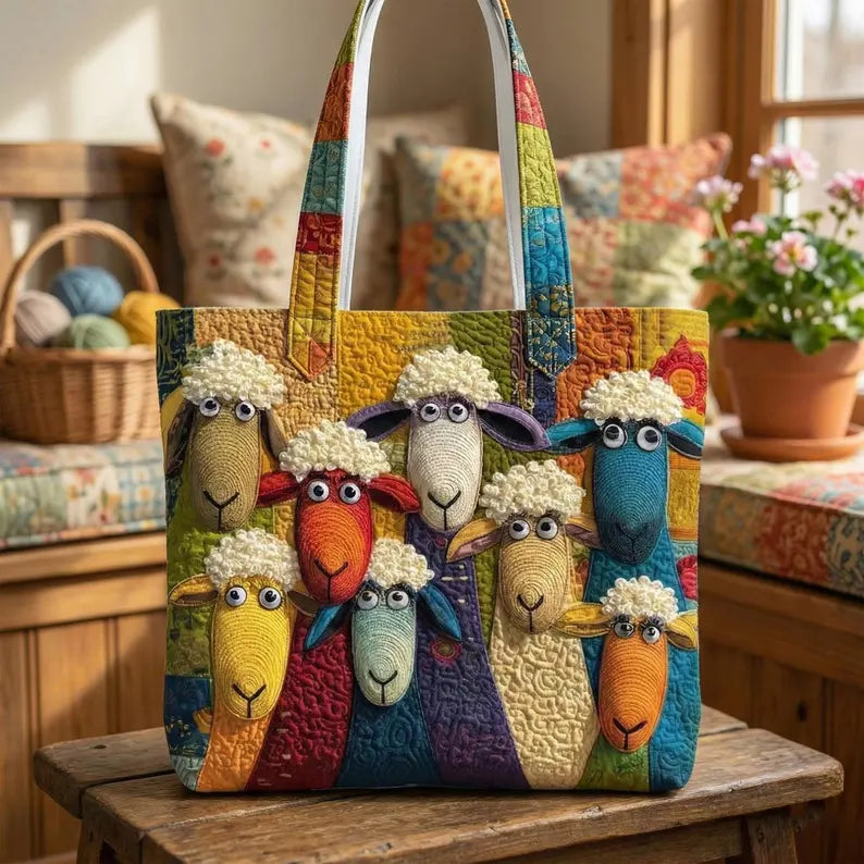 Personalized Colorful Sheep Quilted Tote Bag – Farm Sheep Fabric Tote, Animal Lover Gift