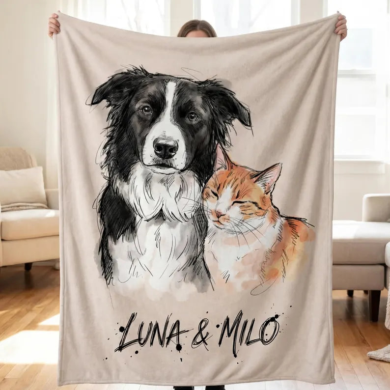 Personalized Pet Blanket with Name, Custom Dog Photo Portrait, Cat Loss Memorial Gift