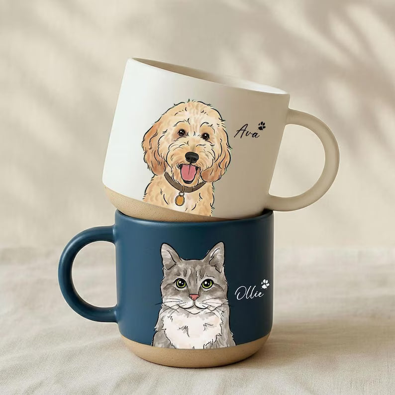 Custom Pet Pottery Mug - Watercolor Dog Portrait Mug - Cat Mug, Custom Pet Mug, Personalized Pet Gift for Owners