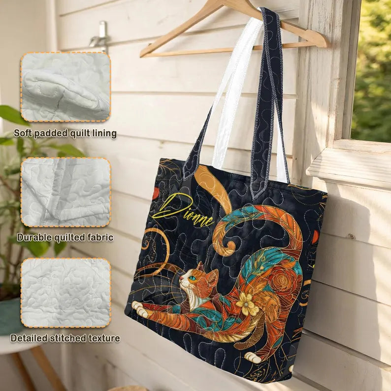 Personalized Cat Tote Bag, Quilted Cat Bag, Custom Name Gift for Cat Lovers, Colorful Cat Art Bag, Pet Lover Tote