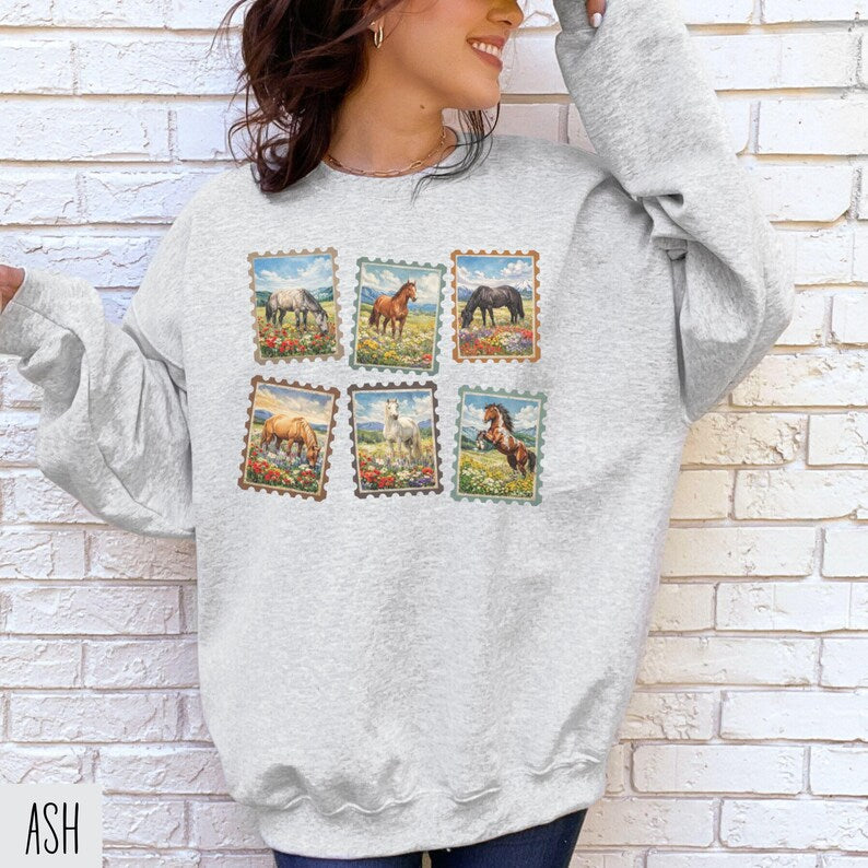 Retro Horse Sweatshirt, Horse Girl Sweater, Cowgirl Gift, Horse Stamp Shirt, Country Western, Equestrian, Rodeo Sweatshirt, Animals Lovers