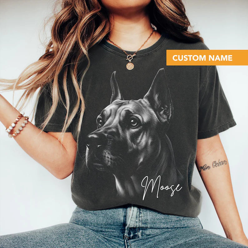Custom Great Dane Portrait Shirt With Name - Personalized Charcoal Dog Art Tee - Gift For Great Dane Lovers