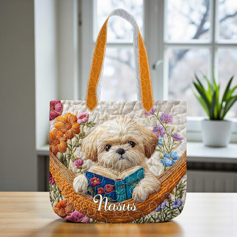 Reading Shih Tzu Quilted Tote Bag - Personalized Dog Book Bag With Name - Gift For Dog Moms & Book Lovers