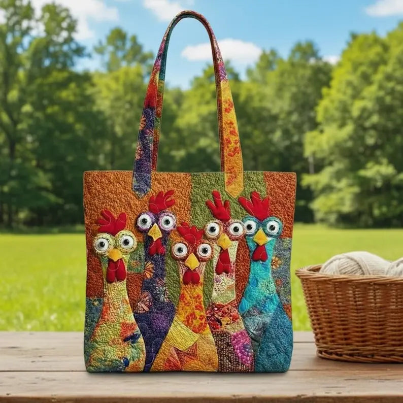 Chicken Quilt Tote Bag, Colorful Patchwork Chicken Purse, Quilted Farmhouse Tote
