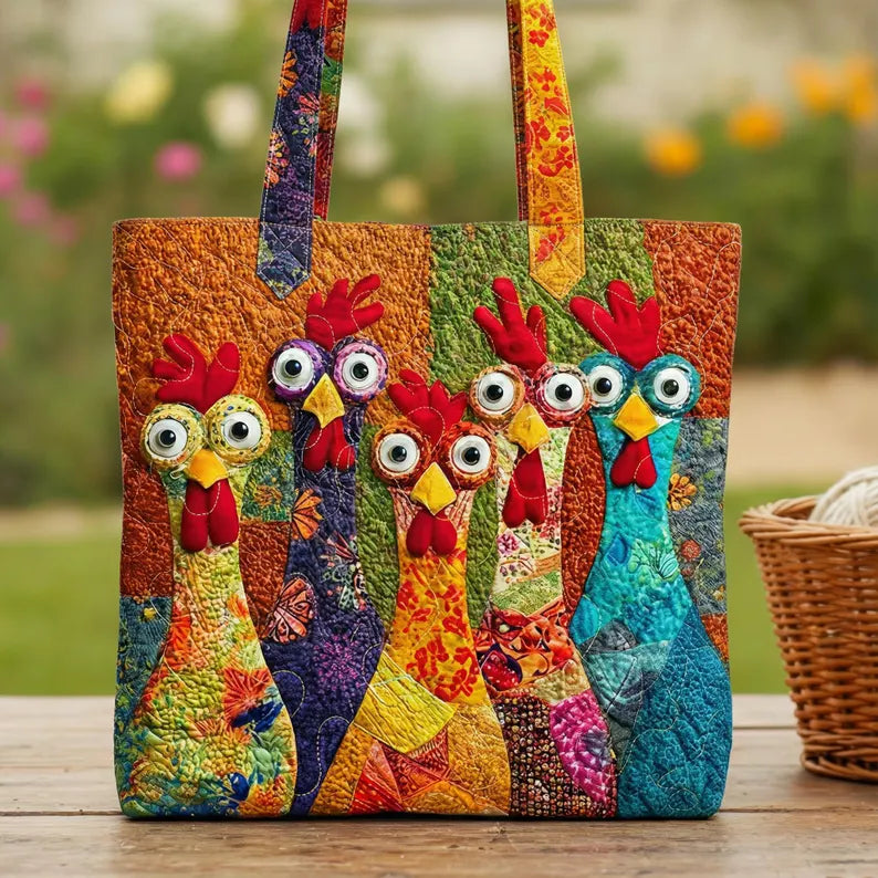 Chicken Quilt Tote Bag, Colorful Patchwork Chicken Purse, Quilted Farmhouse Tote