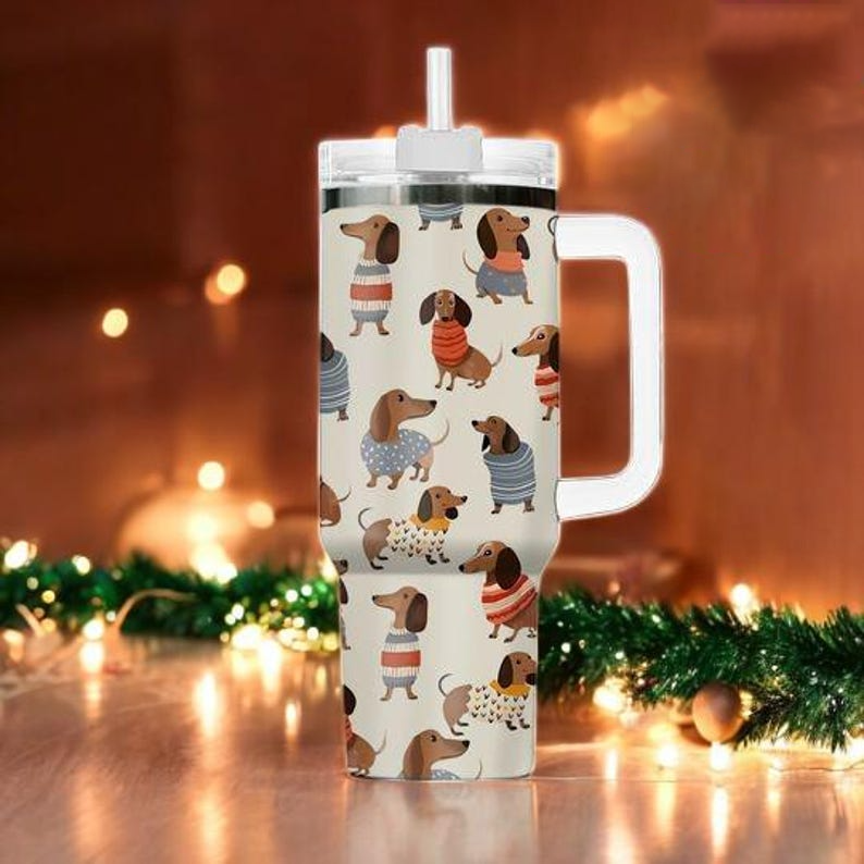 Cute Dachshund Sweater Pattern 40 oz Tumbler With Handle - Wiener Dog Insulated Cup - Gift For Dog Lovers