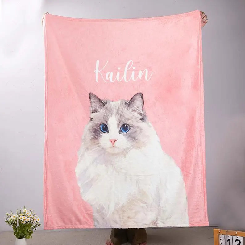 Soft Painted Pet Portrait Blanket with Name - Custom Dog & Cat Photo Fleece Throw - Pet Memorial Gift
