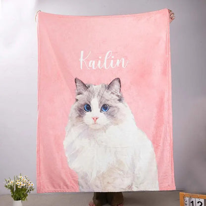 Soft Painted Pet Portrait Blanket with Name - Custom Dog & Cat Photo Fleece Throw - Pet Memorial Gift